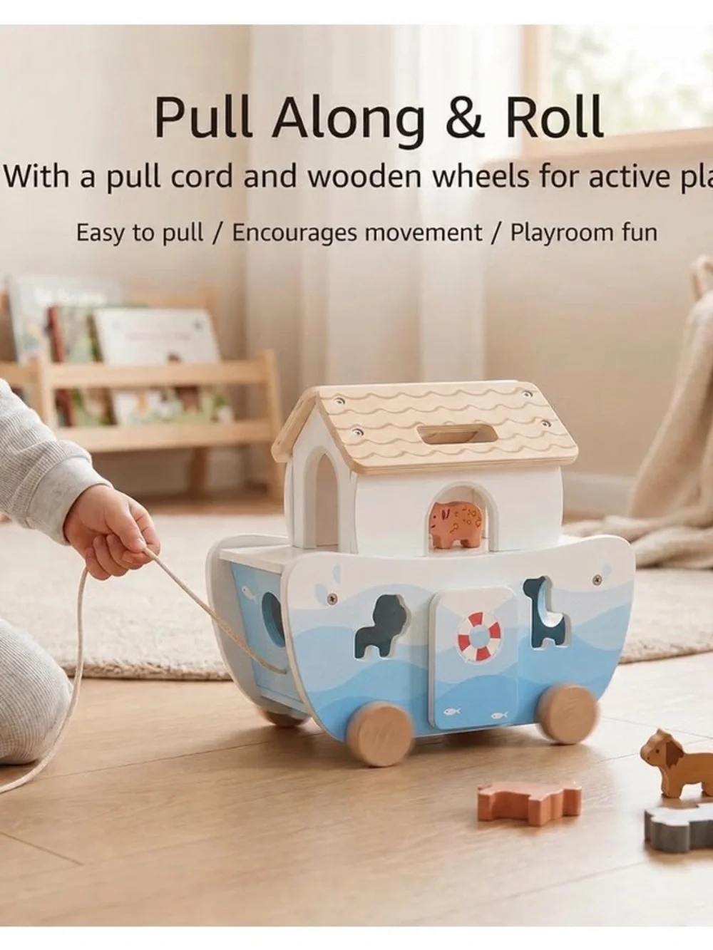 Wooden Noah's Ark Animal Shape Sorter Pull-Along Toy - Blue